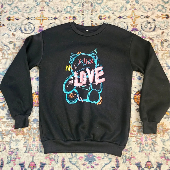 SHEIN Tops - SHEIN Women's Black & Neon Bear Graphic LOVE Sweatshirt Pullover Top Shirt XS